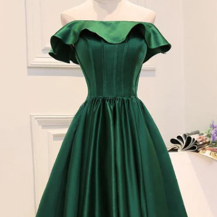 Off Shoulder Satin Short Dress with Pockets Dark Green