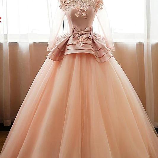 Unique Ball Gown Round Neck Long Prom Dresses