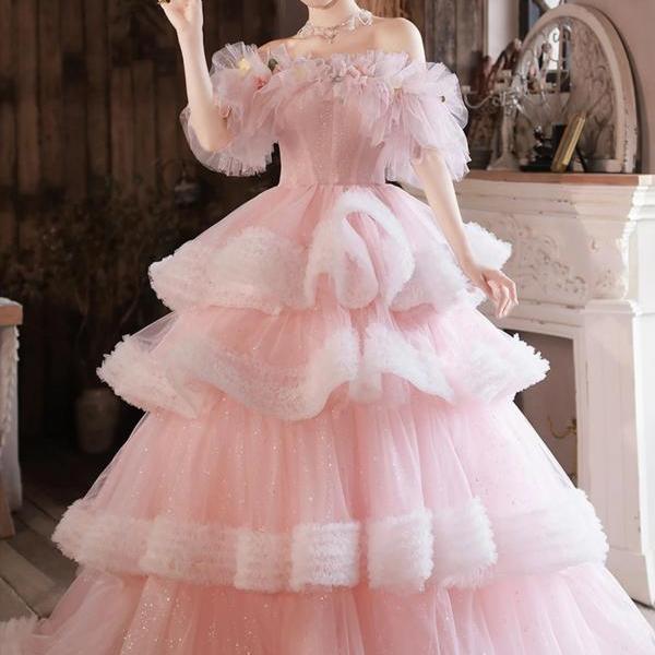 Off the Shoulder Pink Tulle Long Party Dresses