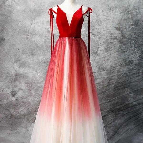 Amazing A-Line Straps Red Velvet Tulle Long Prom Dresses