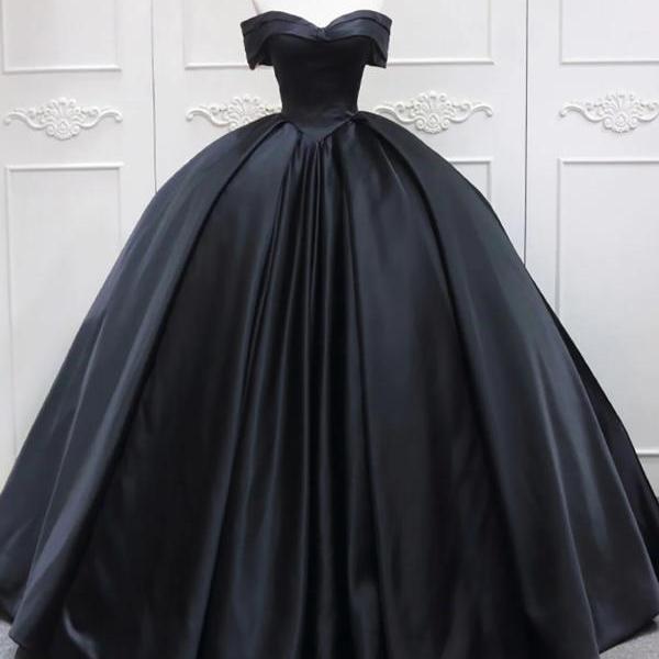 Off Shoulder Ball Gown Black Sweetheart Neck Satin Long Prom Dresses