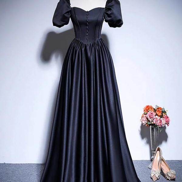 Floor Length A-Line Satin Puff Sleeves Black Long Prom Dresses