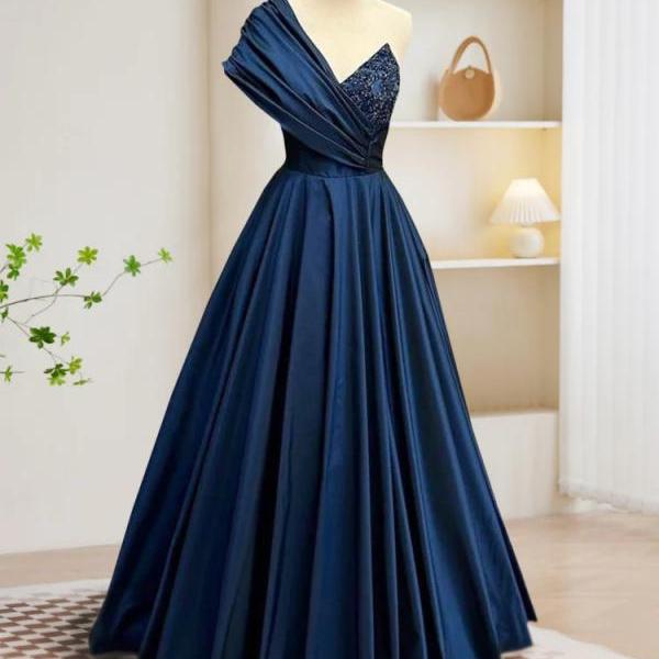One Shoulder Floor Length Beads Dark Blue Satin Long Prom Dress With Beading
