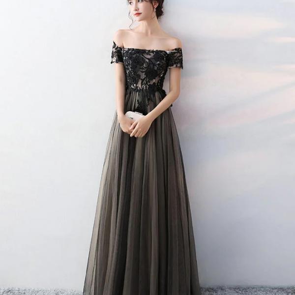 Floor Length Off Shoulder Tulle Long Formal Dress With Black Lace 