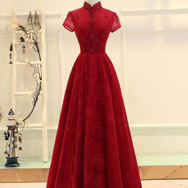 Burgundy High Neck Lace Long Prom Dress With Beading