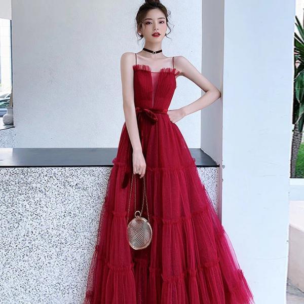 Straps Burgundy A-Line Tulle Prom Dresses
