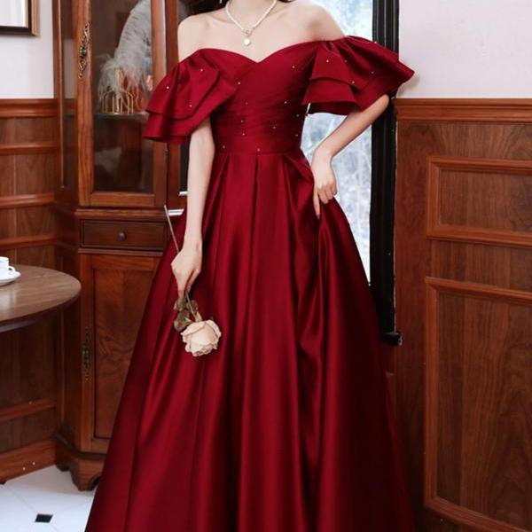 Charming A Line Burgundy Satin Long Prom Dresses
