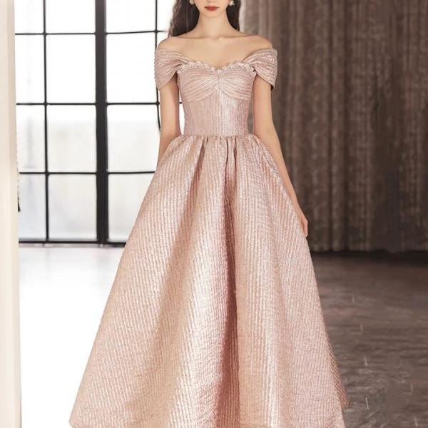 Cute Off the Shoulder Pink Satin Tea Length Prom Dress
