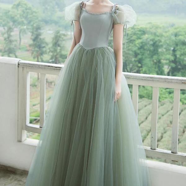 Charming Green Tulle Short Sleeve Prom Graduation Dresses