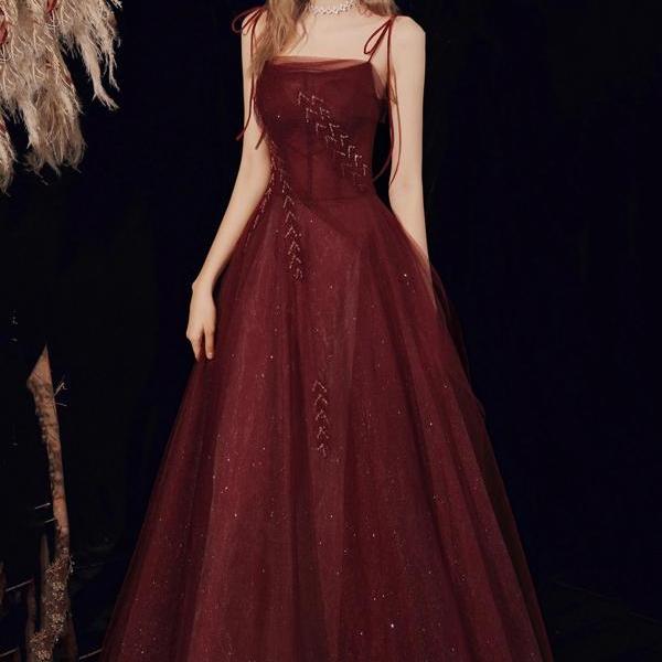 Straps Burgundy A-Line Shiny Tulle Long Prom Dress With Beading