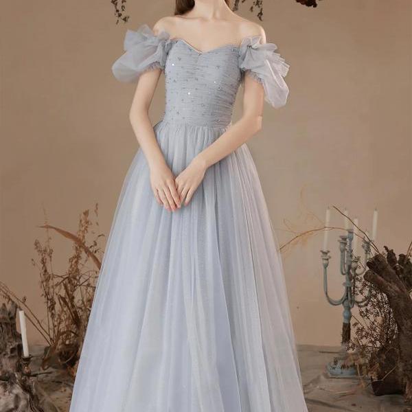 Off the Shoulder Gray Tulle Long A-Line Prom Dresses