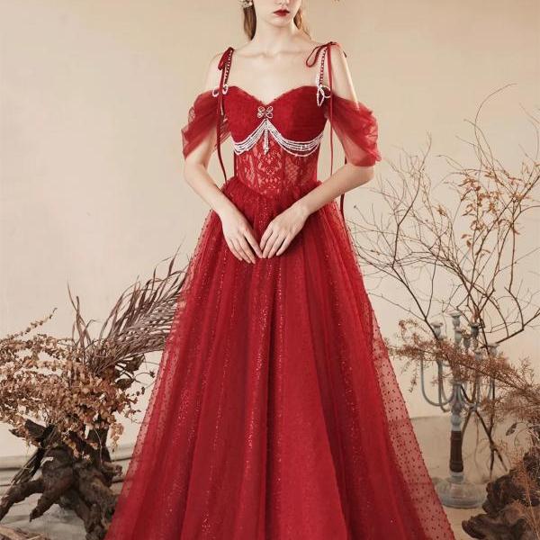 Beautiful Off the Shoulder Dark Red Tulle Prom Dress With Beading