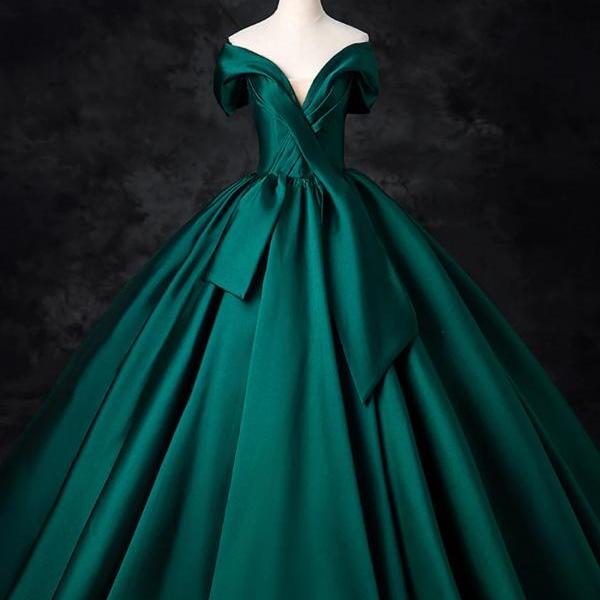 Amazing A-Line Green V-Neck Satin Formal Dresses