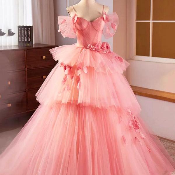 Spaghetti Strap Pink Tulle Long Mermaid Prom Dresses