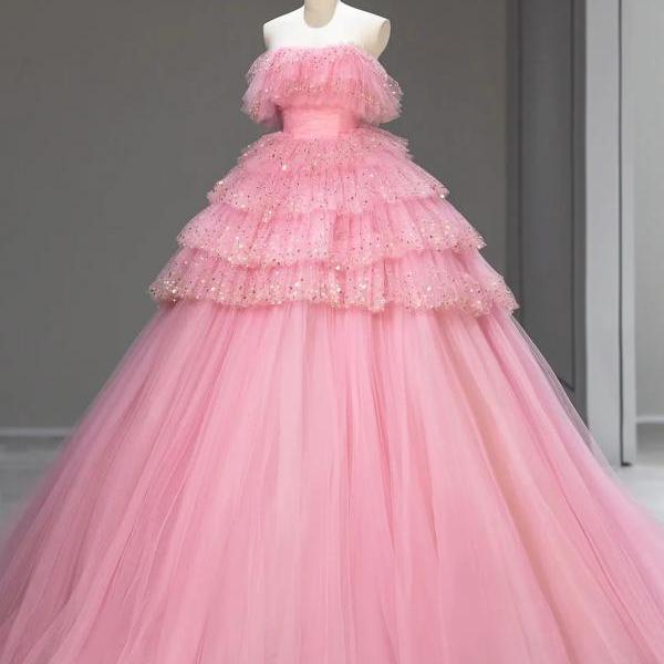 Princess Strapless Pink Tulle Sequins Long Formal Prom Dresses