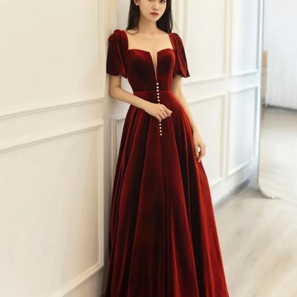 Elegant A-Line Short Sleeve Burgundy Velvet Long Prom Dresses