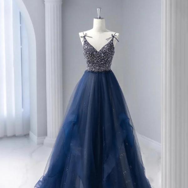 A-Line Spaghetti Strap Formal Blue Tulle Beaded Long Evening Dress