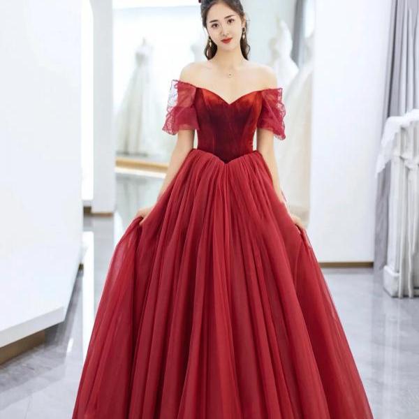 Beautiful Off the Shoulder Tulle Floor Length Velvet Prom Dress
