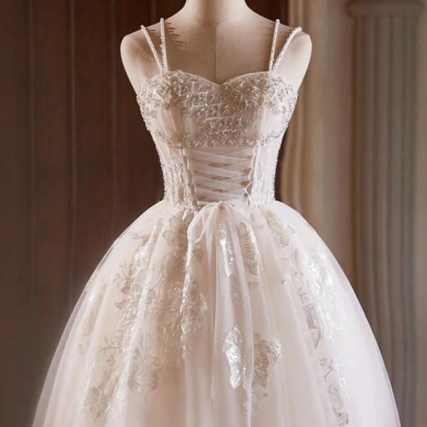 Chic Spaghetti Straps Prom Dress Beaded Tulle Sheath Sleeveless Evening Dress DP05149