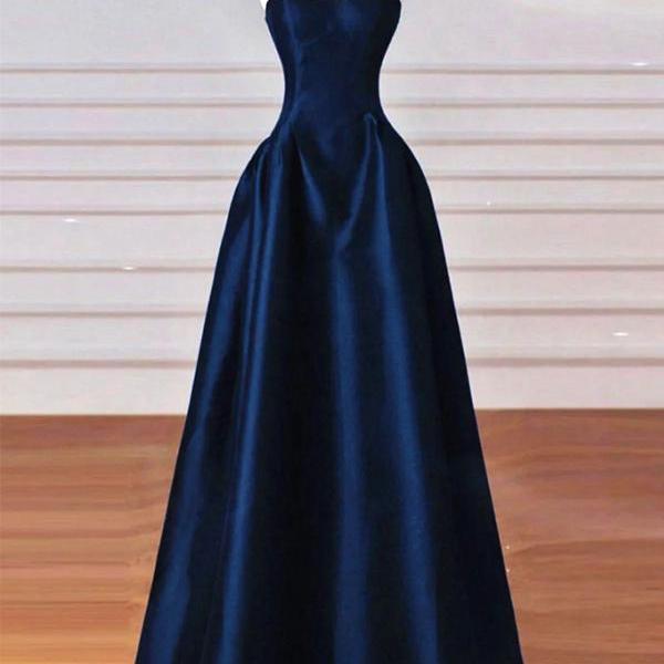 Simple A Line Straps Navy Blue Satin Long Prom Dresses Simple A Line Straps Navy Blue Satin Long Prom Dresses