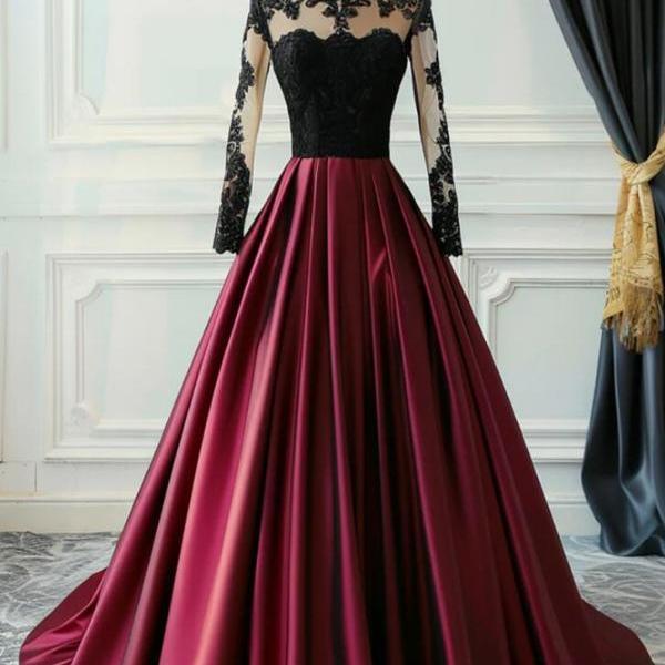 Satin Gown with V-neck and Floral Lace Appliques Burgundy main image 1