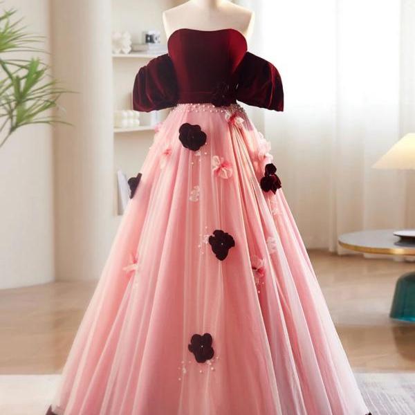 Exquisite Off-shoulder Velvet And Tulle Gown With Floral