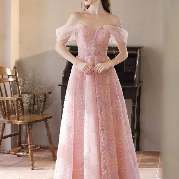 Elegant Blush Pink Off-Shoulder Floral Lace Gown