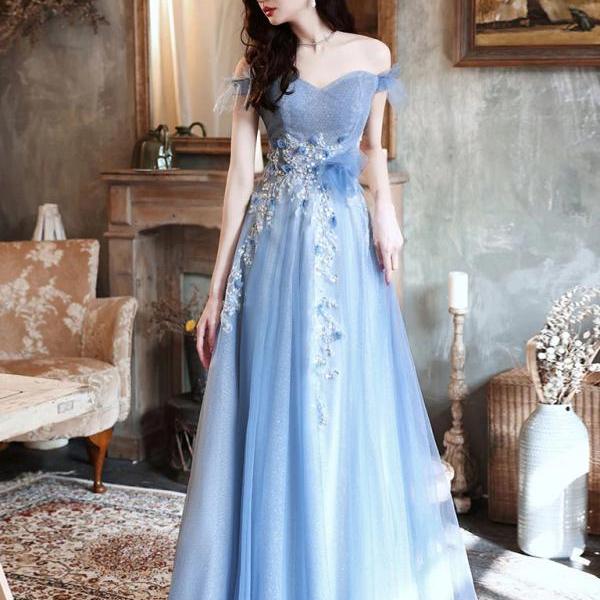 Vintage Light Blue A-Line Jacquard Satin Long Prom Gown Birthday Dress cc5535 main image 1