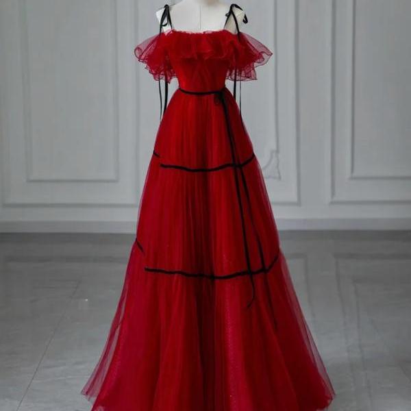 Burgundy Prom Dresses A line Straps Tulle Evening Dresses