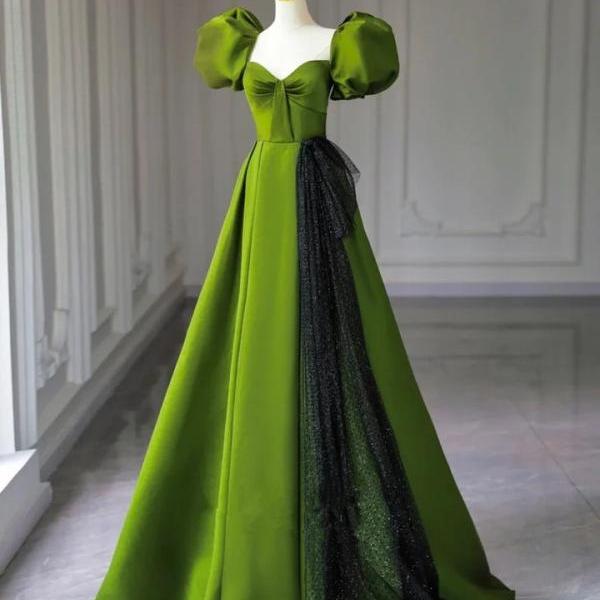 Burgundy Satin High Neck Puff Sleeve Bow Evening Prom Dress main image 1