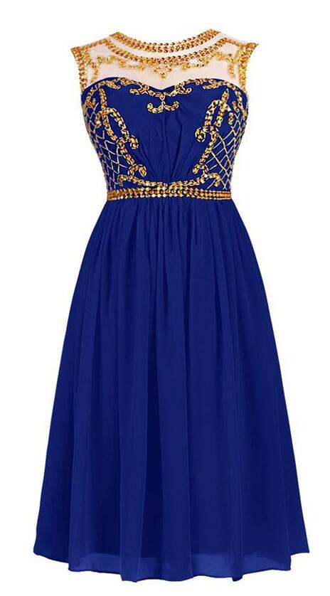 Sexy Royal Blue Short Prom Dresschiffon Homecoming Dress With Illusion Neckline And Gold Sequin 9639