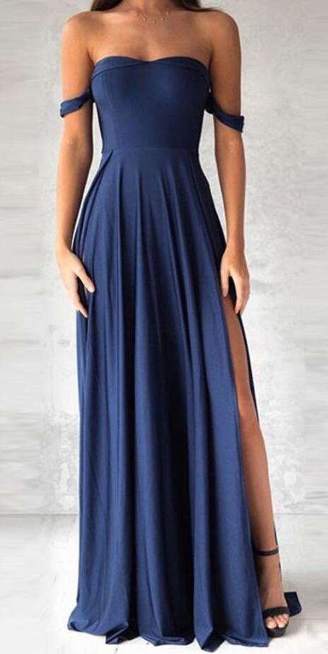Fashion Off The Shoulder Prom Dress,elegant Navy Blue Prom Dress, Sexy ...