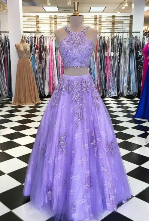 Halter Two Piece Beaded Purple Tulle Prom Dress On Luulla 9737