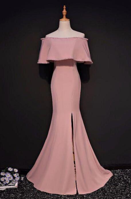 Mermaid Off-the-shoulder Floor Length Pink Prom Dress With Slit on Luulla