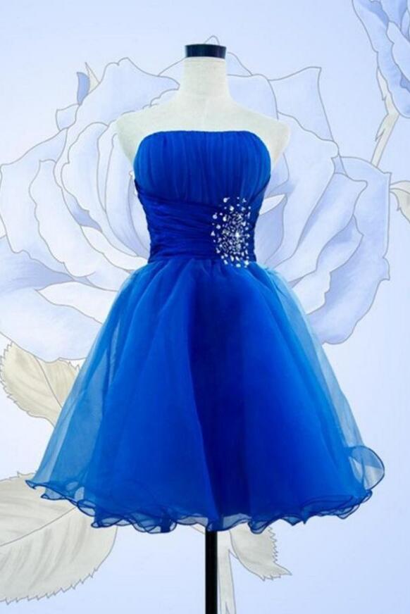 Classy Strapless Blue Tulle Pleated Beaded Birthday Outfits Homecoming Dress main image 0