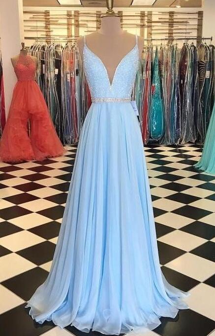 Niulatu A Line Spaghetti Straps 90s Blue Prom Dresses Evening Gowns With Bow HZ1110