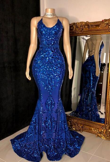 Sexy A Line Royal Blue Sequin Evening Dresses on Luulla