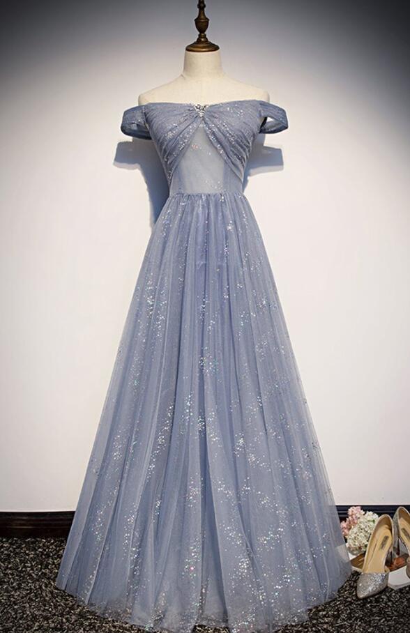 Strapless Blue Tulle A Line Off Shoulder Prom Dress on Luulla