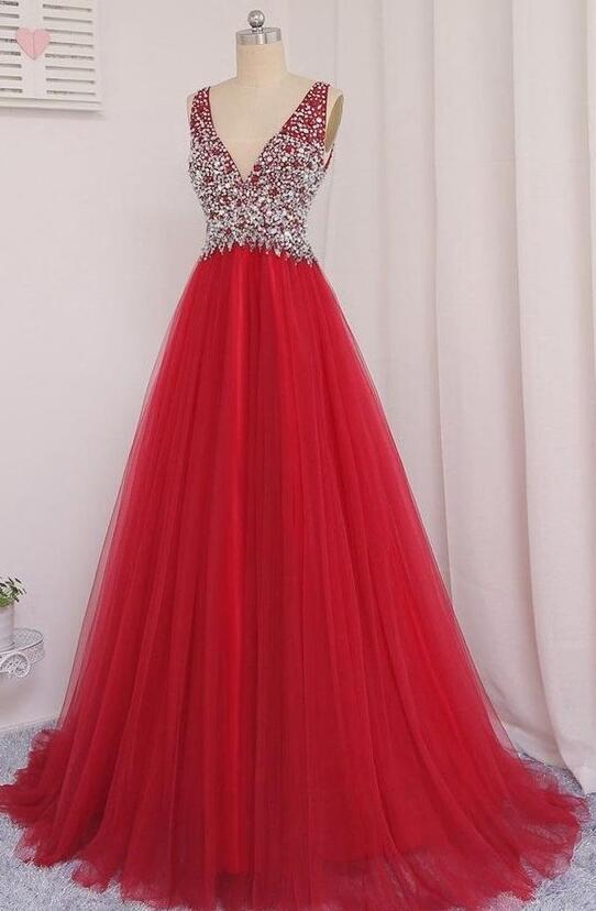 A-Line Jewel Neckline Tulle Dress Red Plus Size