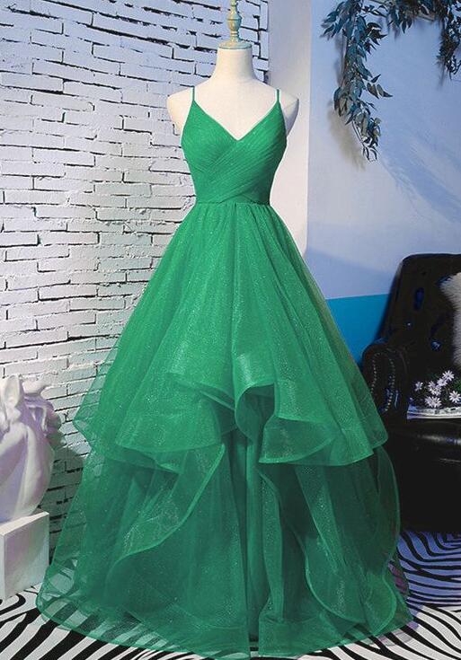 Vintage High Low Spaghetti Straps Ruffles Green Prom Dresses Birthday Outfits