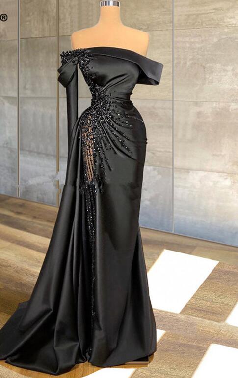 Sexy Off The Shoulder Black Long Satin Prom Dresses on Luulla