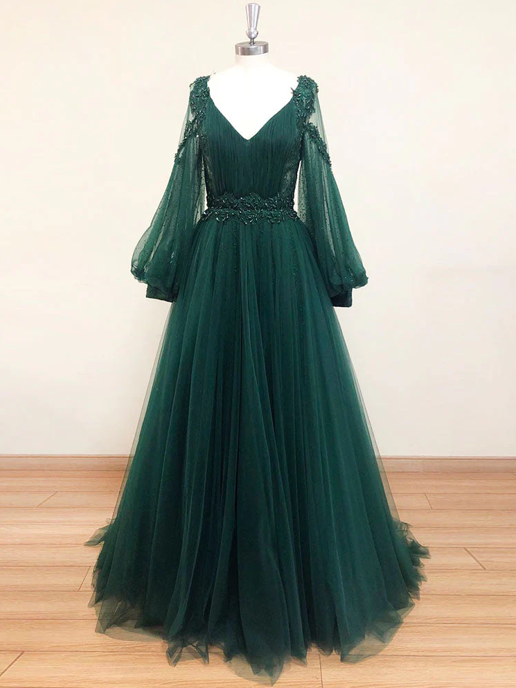Short A-line V Neck Tulle Lace Prom Dresses Green Formal Graduation Evening Dresses main image 1