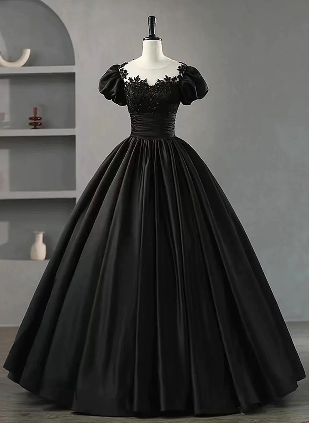 Ball Gown Black Satin Round Neckline Short Sleeves Party Dress on Luulla