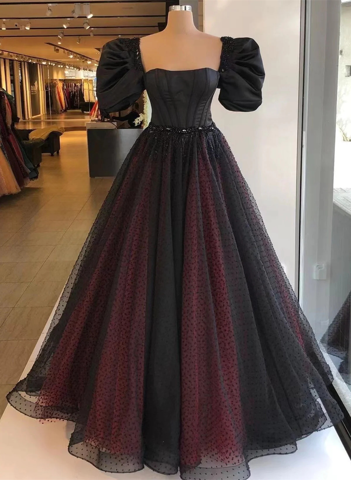 Black and Red Long Sleeves Party Dress Evening Dress, Black Wedding Party Dress