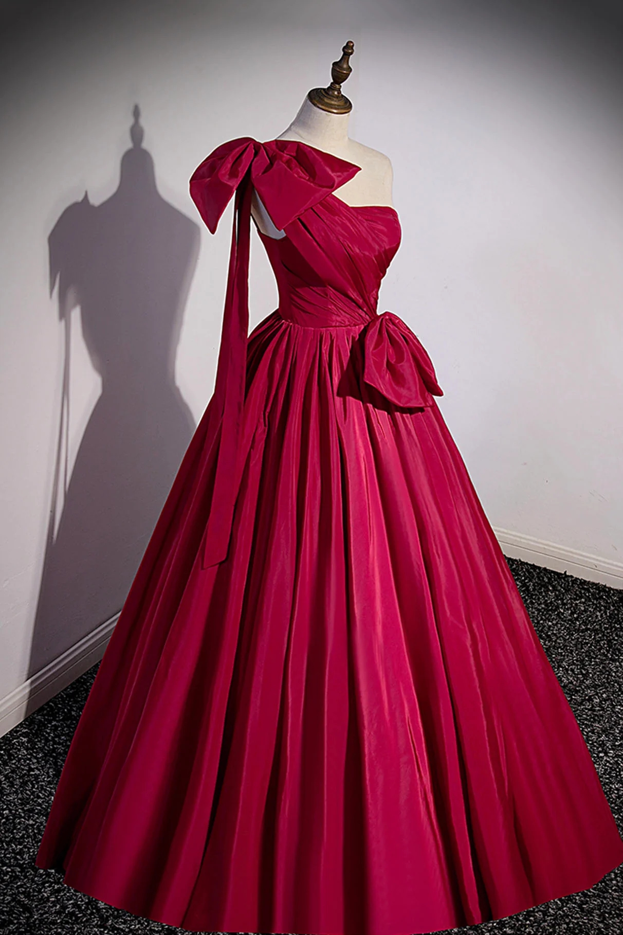 Burgundy Satin High Neck Puff Sleeve Bow Evening Prom Dress main image 0