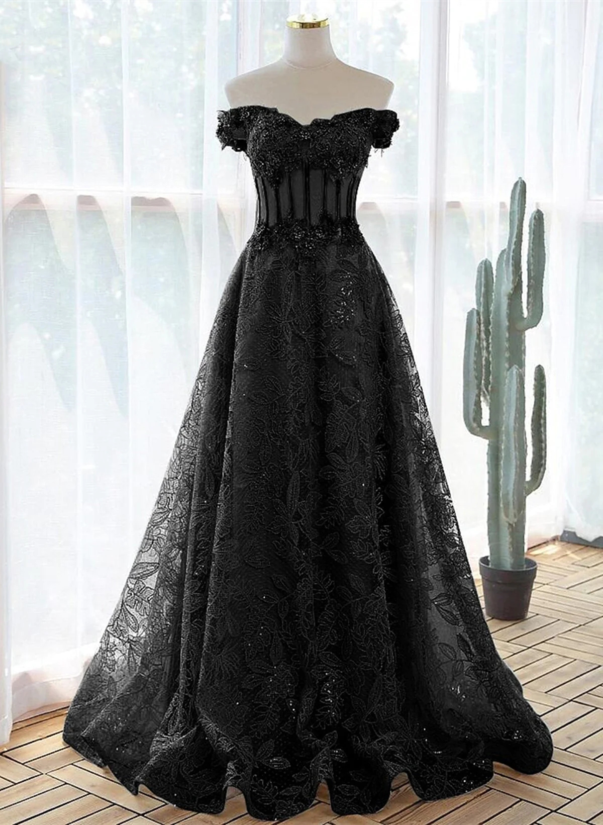 Sexy Black Sheer Tulle Crystal Off Shoulder Prom Dress