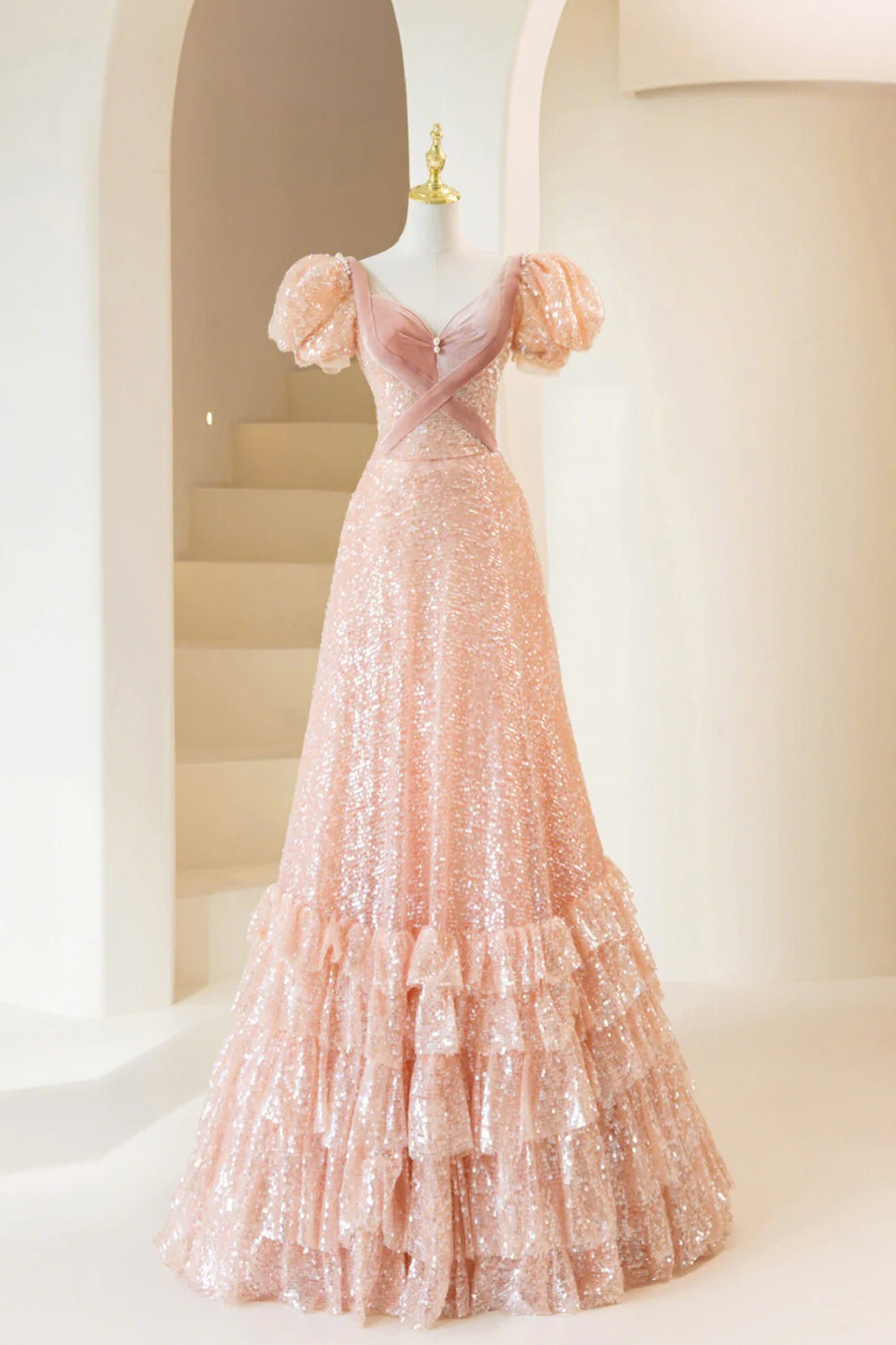 Sparkly A Line Pink Sequins Rose Gold Prom Dress LBQ0187