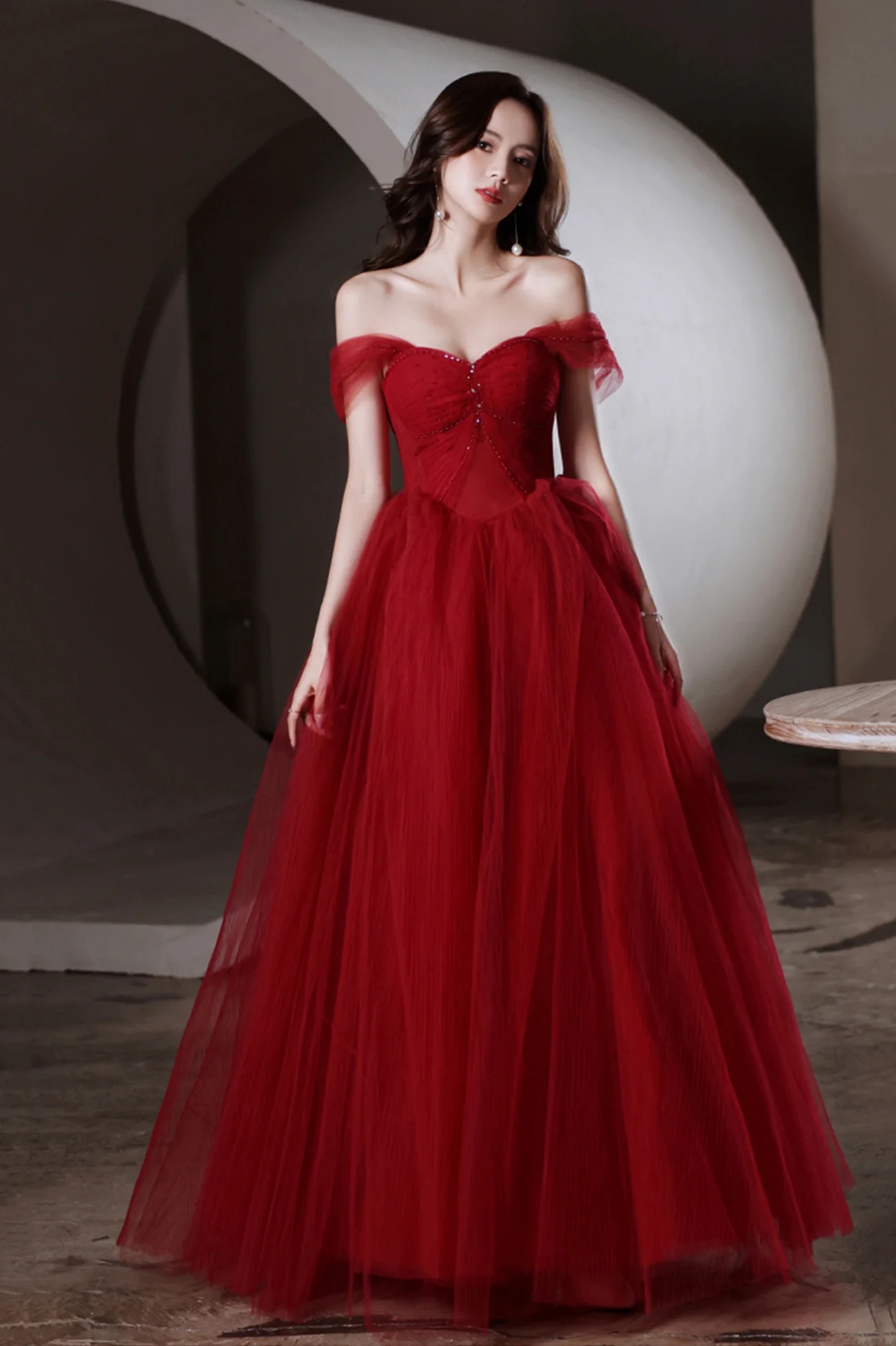 Long Red Graduation Dress Lace Off Shoulder High Slit main image 1