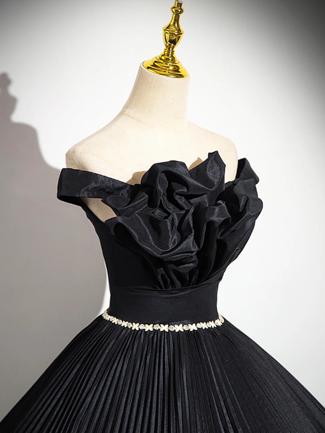 Off-the-Shoulder Ball Gown with Beaded Bustier and High Slit Black main image 1