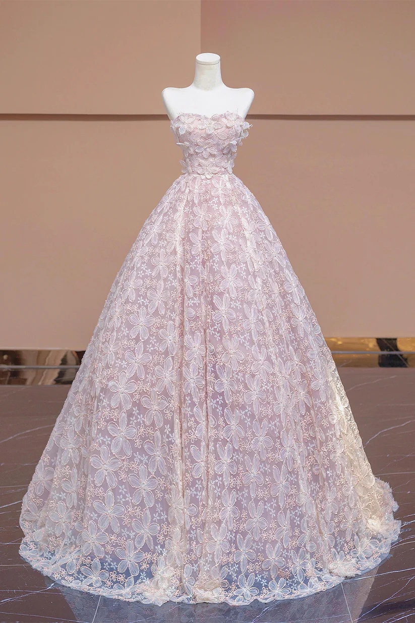 Pretty Strapless Tulle Print Floral A Line Wedding Dress,Formal Prom Evening Dress cc2982 main image 0